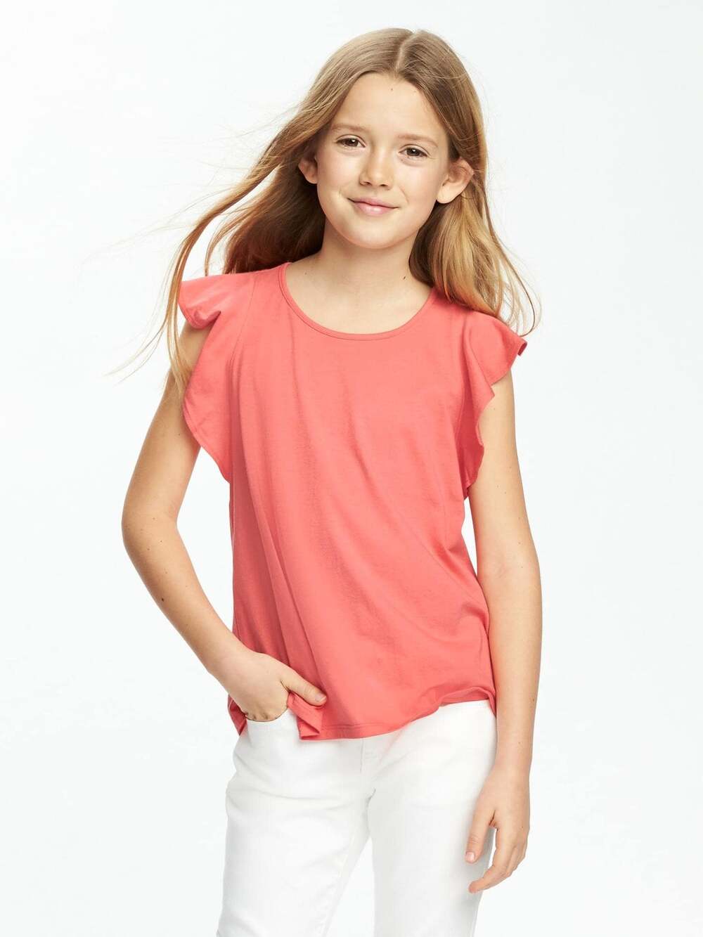 Old Navy Coral Orange Short Flutter Sleeve Blouse Youth Size XL 14 Regular